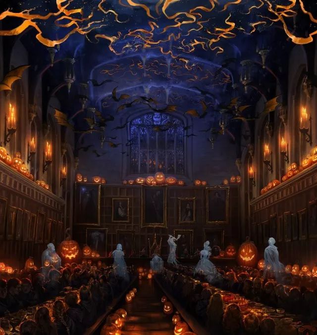 万圣节宴会时坐满了学生和幽灵们的礼堂