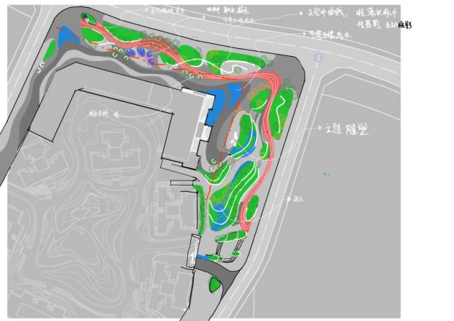 概念草图的再次推演,开放式景观布局的雏形