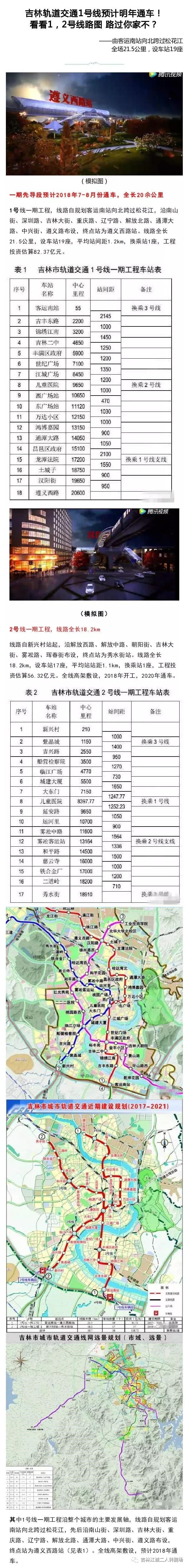 吉林市轨道交通1号线2018年通车共19站