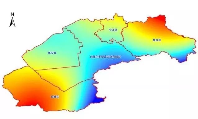 从图中可以看出,松原市的东北和西南两个县——长岭县与扶余县的降雨