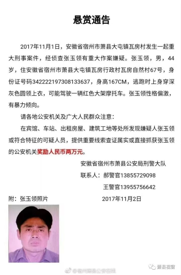 2017年11月1日,萧县大屯镇瓦房村发生一起重大刑事案件,经侦查张