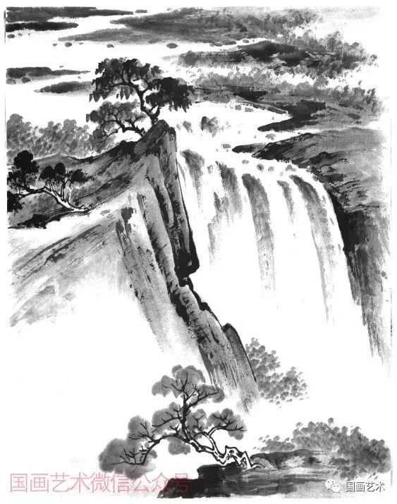 瀑布为山水画重要部分,画法甚多,此为阔笔简练的一中形式.