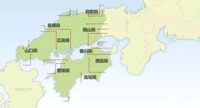 香川县位于四国地区,冈山县位于中国地区.