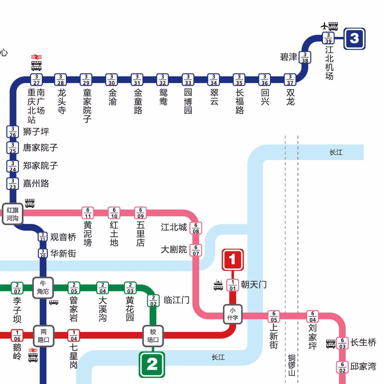 重庆轨道交通3号线,标识色为琉璃蓝,采用跨座式单轨交通制式,是重庆