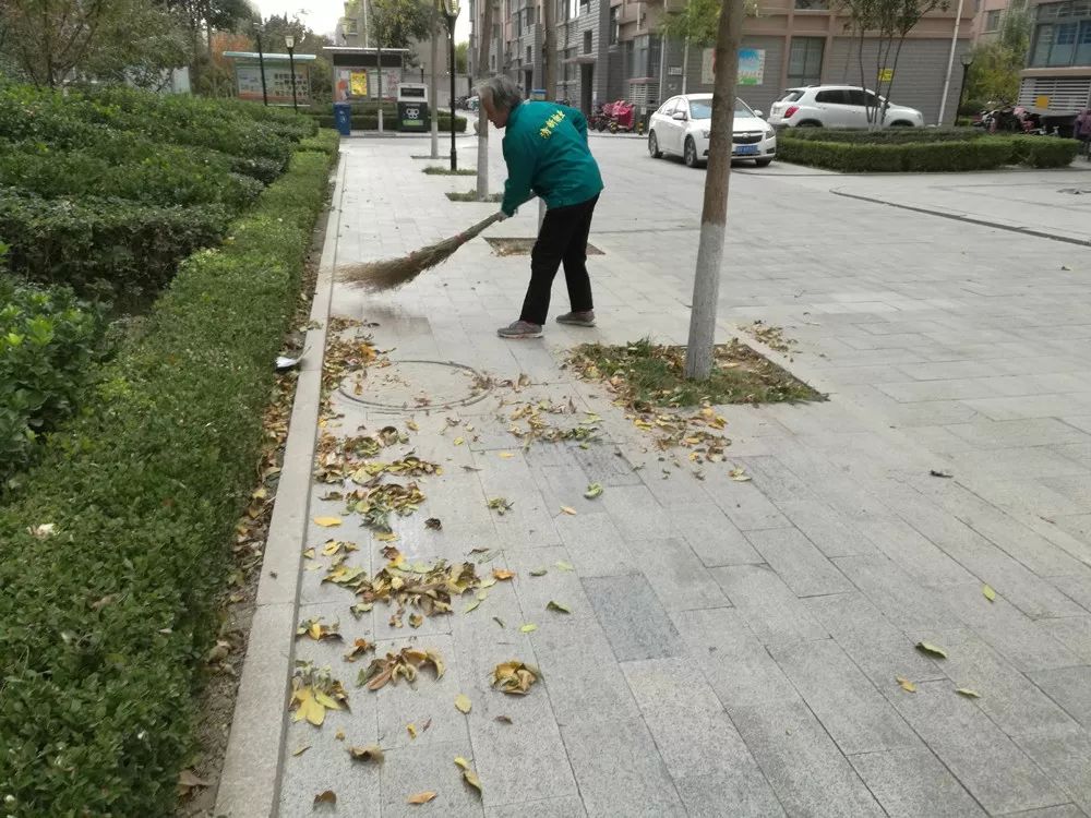 奎文区江山帝景小区保洁人员清扫小区内的落叶.