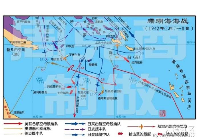 (图片:珊瑚海海战地图) 敌机已经逃逸,美军两艘航母开始继续执行剩余