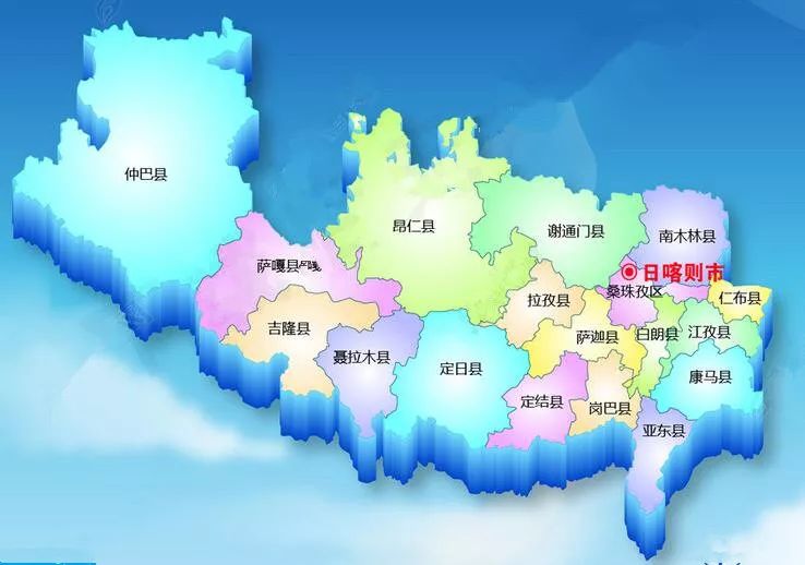 17个县:江孜县,白朗县,拉孜县,萨迦县,岗巴县,定结县,定日县,聂拉木县