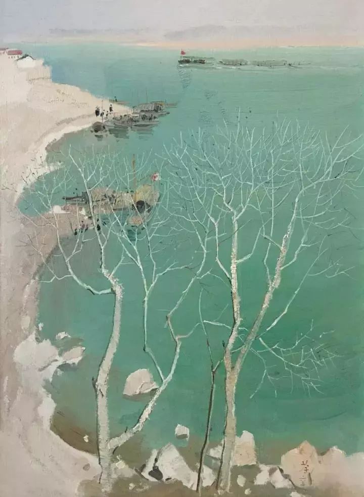 吴冠中 富春江边 1963 年作 木板油画 61 × 46cm 签名:荼 六三