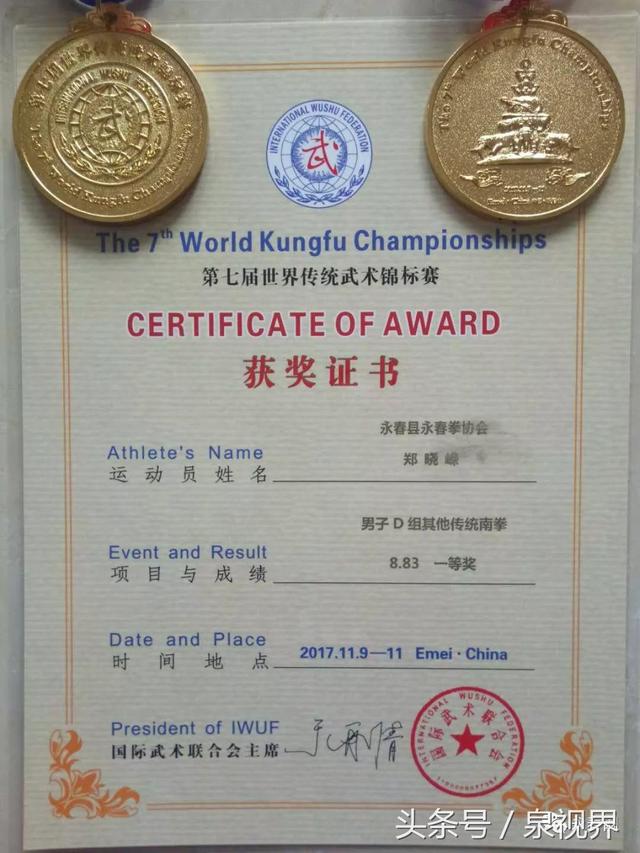 d组其他传统南拳第一名两人徒手对练一等奖本次比赛中他获得3枚金牌
