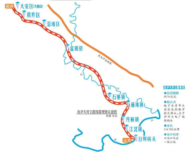 经贡井区,自流井区,沿滩区, 富顺县进入泸州境内,经石寨镇,通滩镇,丹