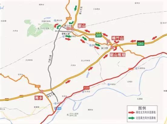 2,北往南方向(韶山方向来车)分流路线:韶山收费站下高速→韶山大道