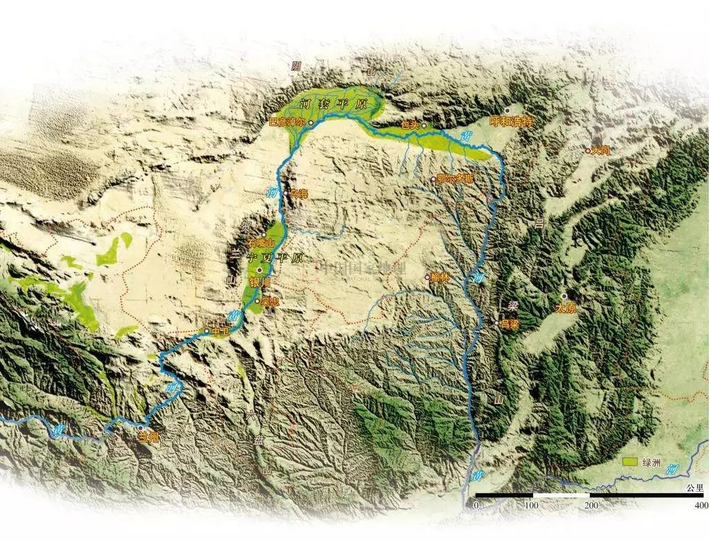 南与库不齐沙漠界线模糊,北至阴山南麓,河套平原,阴山山脉与鄂尔多斯