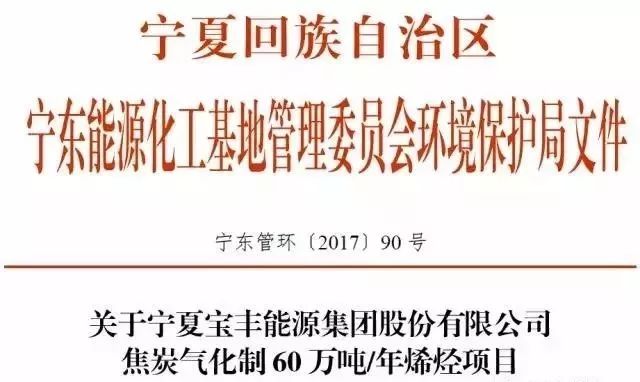 近日,宁夏宝丰能源集团股份有限公司焦炭气化制60万吨/年烯烃项目环境