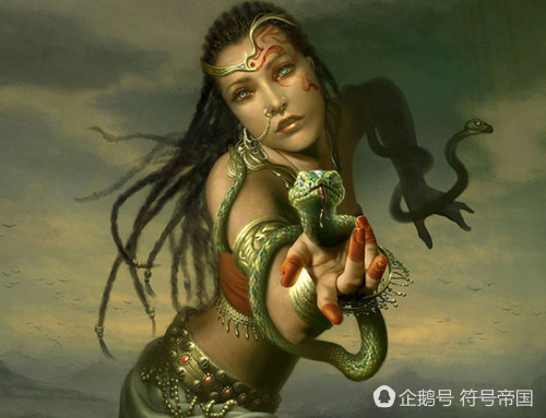 上古女妖雨师妾,两手各操一蛇,左青右赤,灵族黑魔法的代表人物