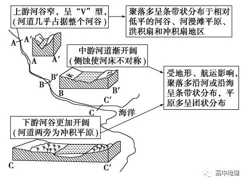 因此,上游为高山峡谷,中游河道变宽,下游为冲积平原,河口三角洲,冲积
