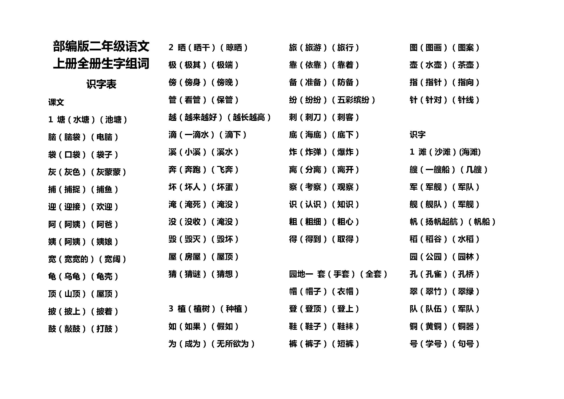 部编版二年级语文上册全册生字组词(电子版)