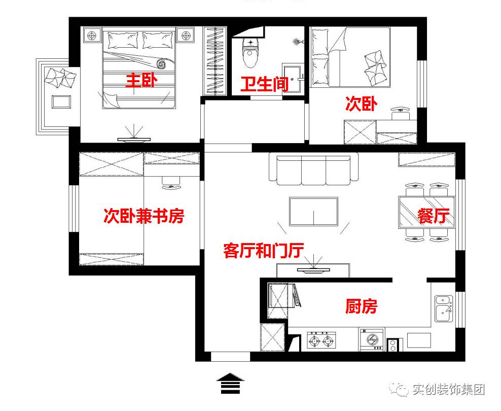 平面布局图拆除厨房与客厅相连的推拉门和轻体墙,在原来轻体墙的位置