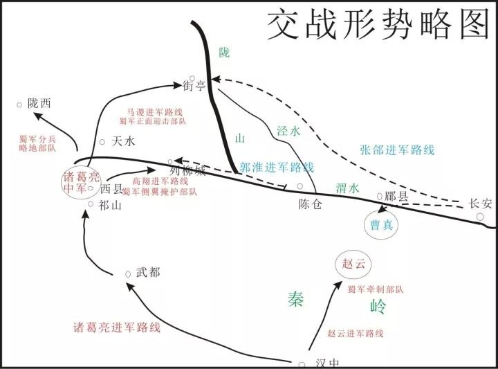 诸葛亮命赵云率偏师大约一万人以声东击西之计从箕谷出兵,扬言出斜谷