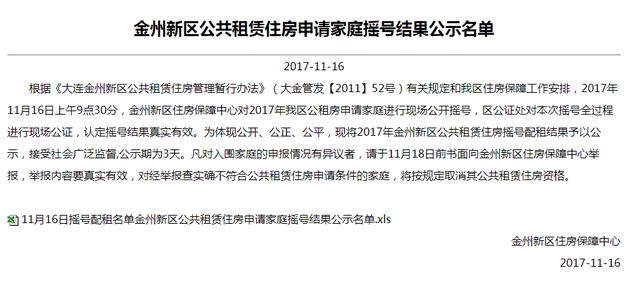 金州新区公共租赁住房申请家庭摇号结果