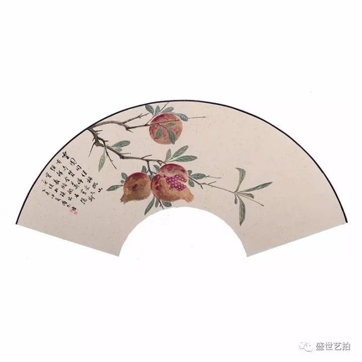 尺寸:43x77cm 画芯已托底,图一为装框效果 4,傅志伟 国画扇面"石榴图"