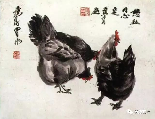 黄胄 觅食图 《觅食图》描绘三只母鸡觅食的场景,画面以水墨为主体,缀