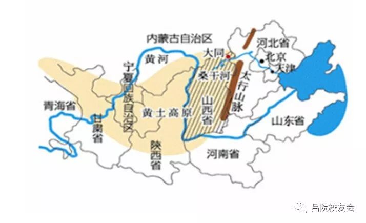 黄土高原范围图(说明:黄色代表黄土高原范围,蓝色的粗线条代表黄河