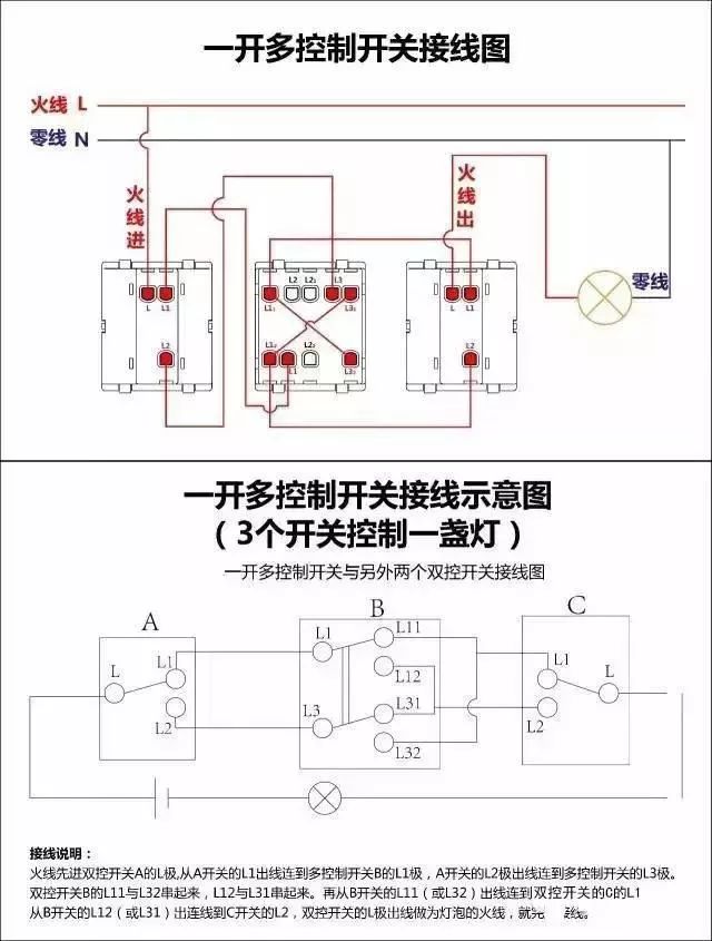 十二,两开多控开关接线图