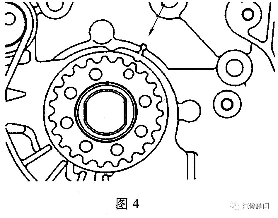 (2)将曲轴正时记号与前壳体上的正时记号对准,如图4所示.