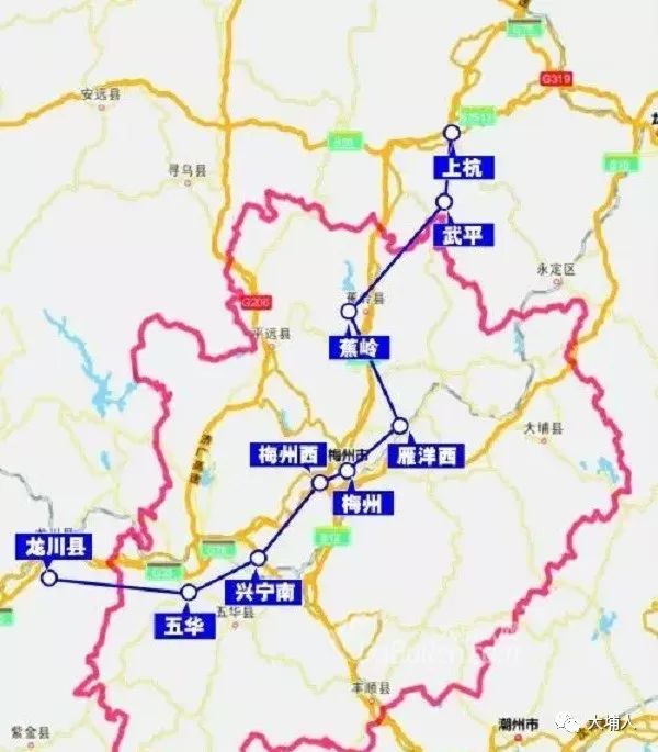 其中 梅州西至龙川为时速350公里, 古田会议旧址(位于龙岩市)至梅州西