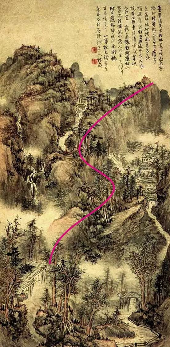 清-"四僧"之一髡残《苍翠凌天图》中的s形构图色彩与画法与隋唐时期的