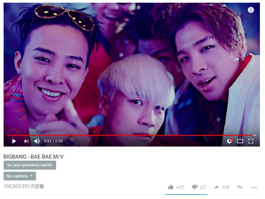 娱乐 正文  bigbang《baebae》mv在youtube上的点击量于韩国时间2017