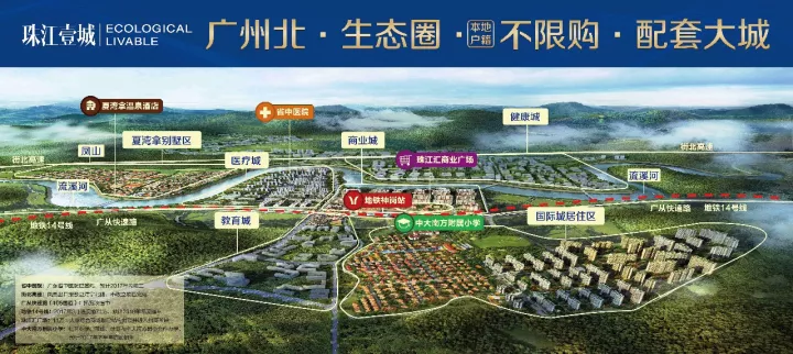 珠江壹城总占地19000亩,总投资380亿,由 居住城,医疗城,商务城,教育城