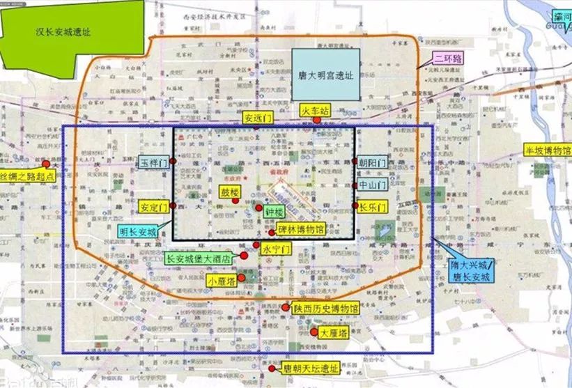 唐长安城(蓝色块)在今天西安城区祷位置