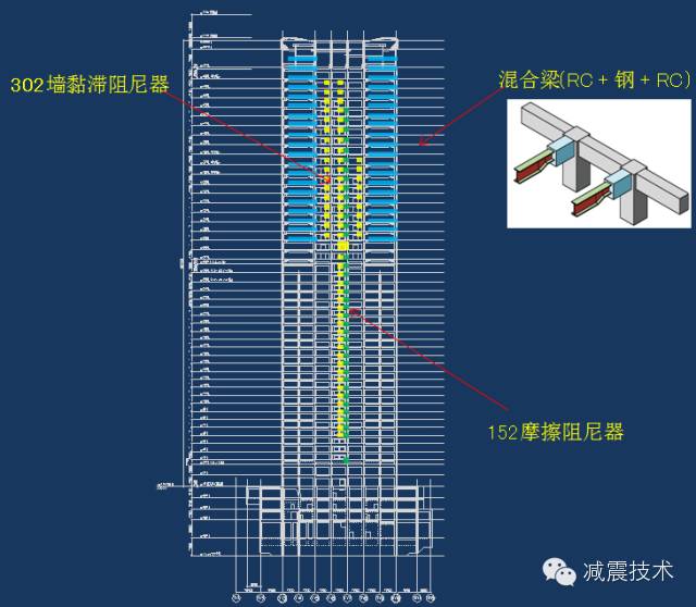 (b 阻尼器布置立面示意(c)摩擦阻尼器(左,墙黏滞阻尼器(右)图14