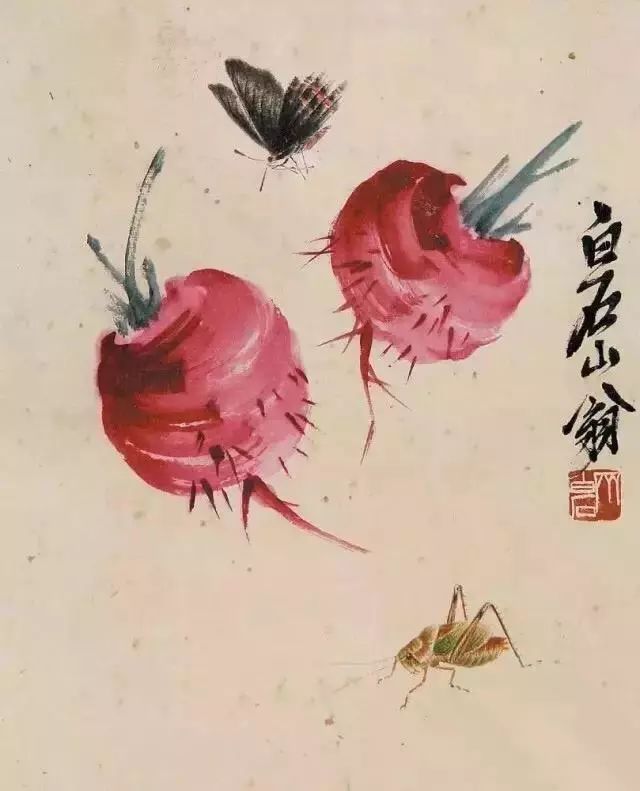 桃子,柿子,萝卜,白菜,竹笋,丝瓜,菌子,辣椒,南瓜等等,这些都是齐白石