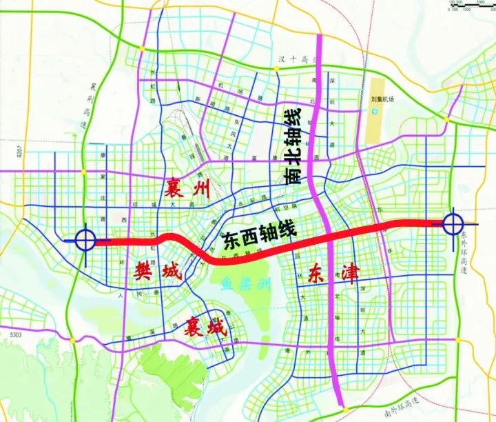 建成后的东西轴线将实现襄阳内环线,外环线与樊城,鱼梁洲,东津新区的