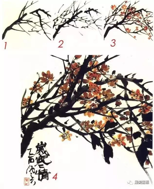 传统中国画基础技法详解:怎么画梅花,国画梅花画法技法步骤图