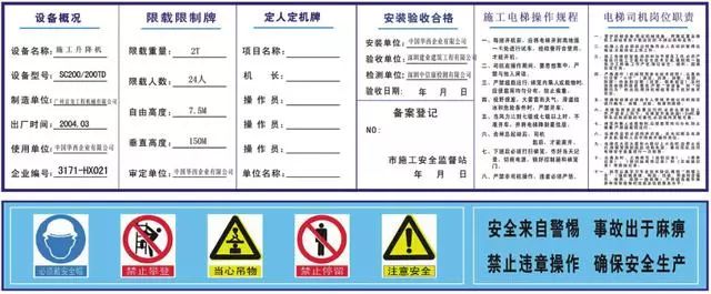 施工电梯安装验收牌说明:1.