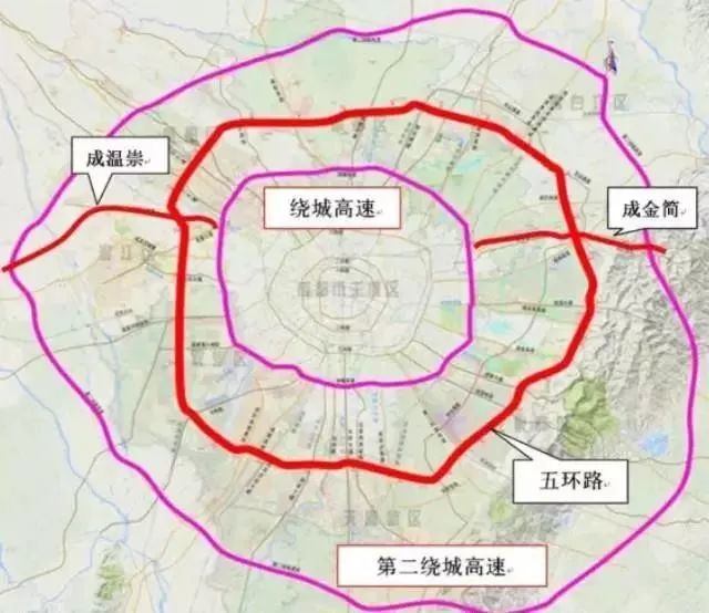 成都五环路位于第一绕城高速外侧,二绕内侧,将建成一条环状一级公路