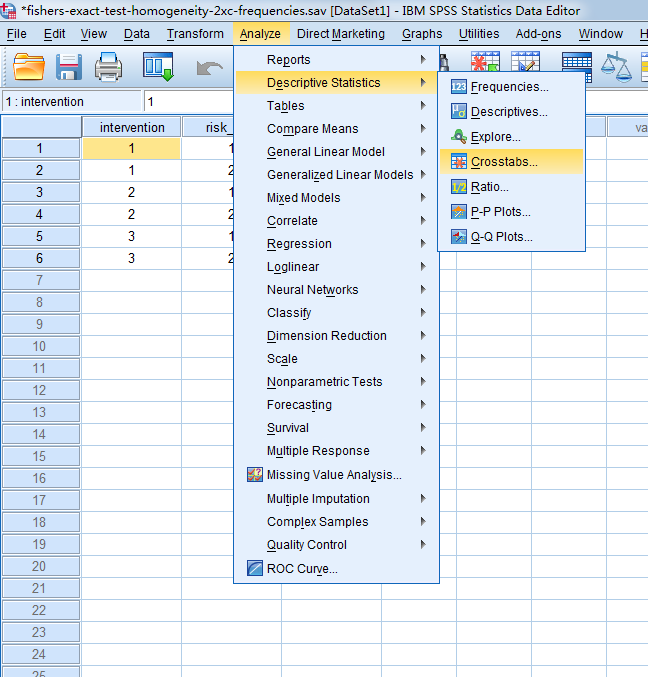 spss教程:多个组比较(fisher精确检验)及组间两两比较