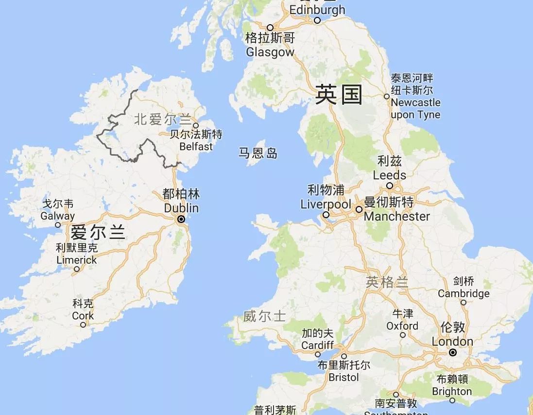 英国北爱尔兰地区与爱尔兰地理方位图(图片来自google map)