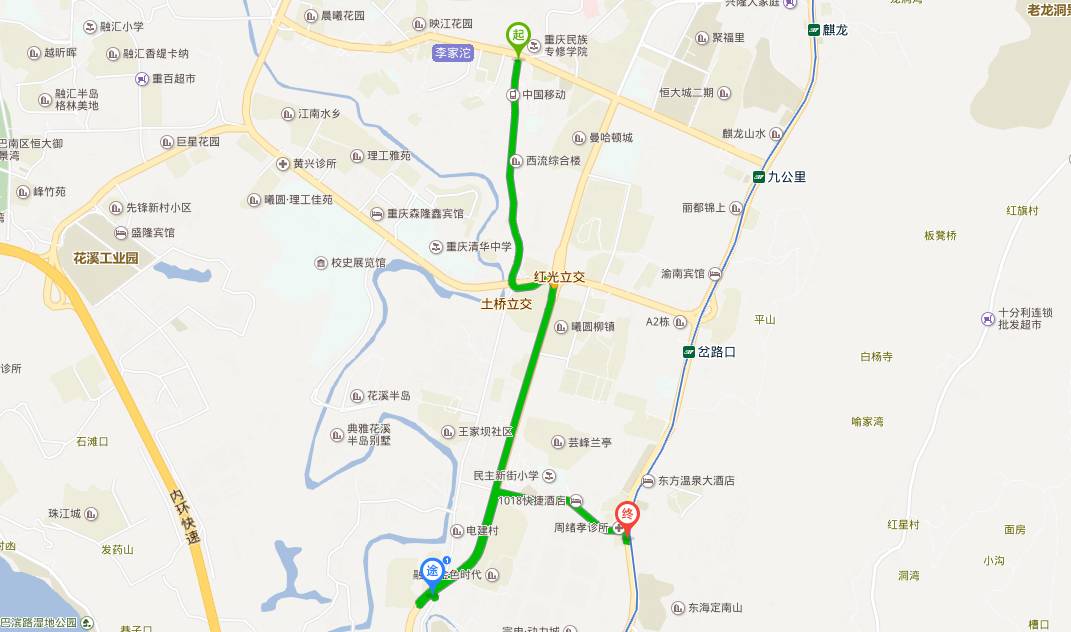 上边绿点是中国银行李家沱支行,右边红点是民主新村,下边蓝点为苦竹坝