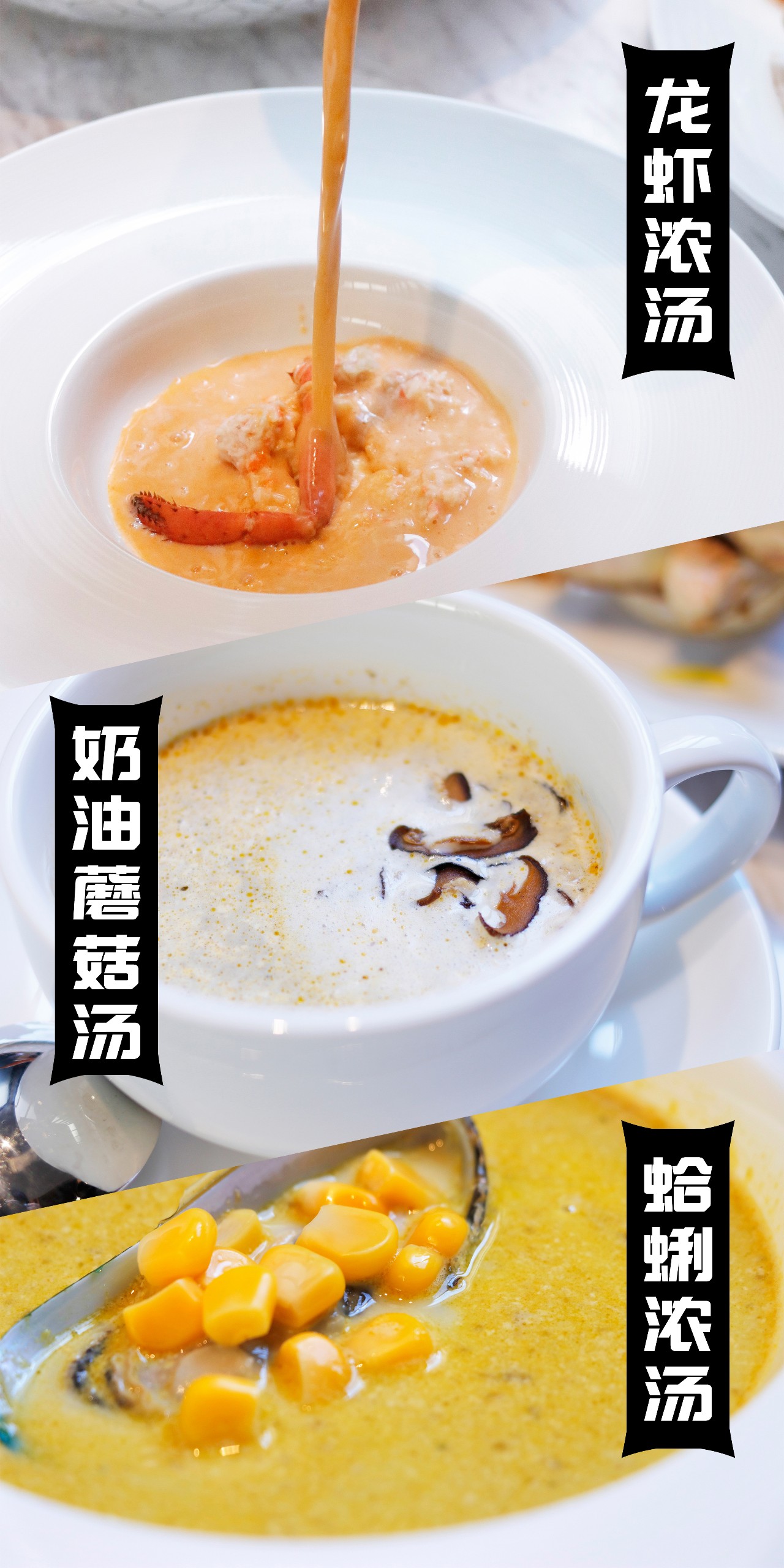 无论是奶油蘑菇例汤 感受奶油勾勒出汤的醇厚 或者是龙虾浓汤,蛤蜊