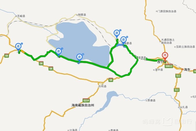 黑马河-80km-茶卡盐湖-180km-金沙湾-20km-金银滩草原-10km-原子城