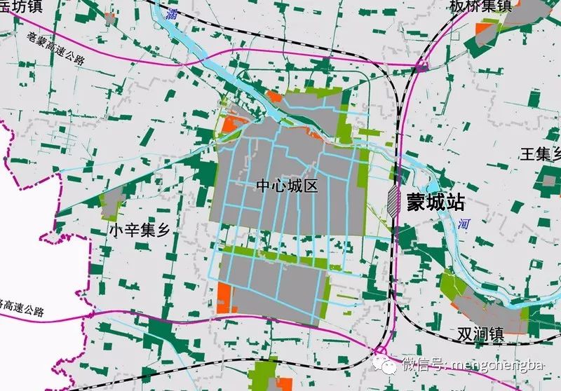 蒙城县城火车站的规划位置如下图 规划至 2030 年,新增宿阜高速公路
