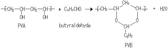 制成同时拥有羟基与醛基的聚乙烯醇缩丁醛,其化学反应式如图3