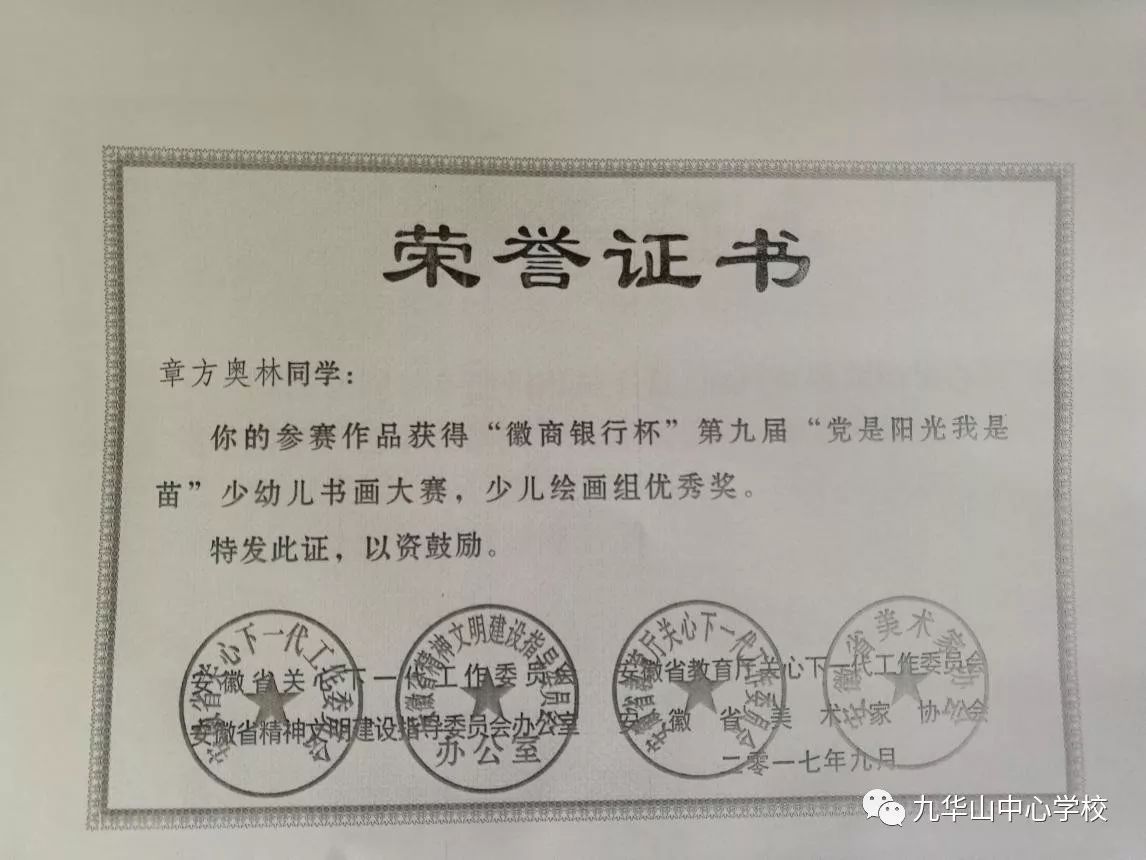 九华山中心学校章方奥林同学获省第九届"党是阳光我是苗"少幼儿书画