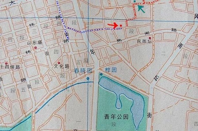 1984年的沈阳地图上,斜向蓝色圆点即为大西菜行区域(柳塘寒士提供)图片