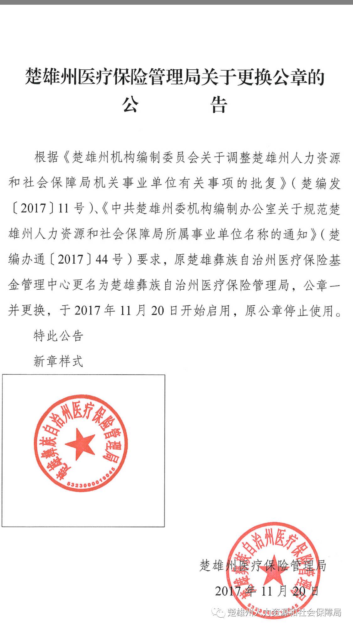 楚雄州医疗保险局关于更换公章的公告