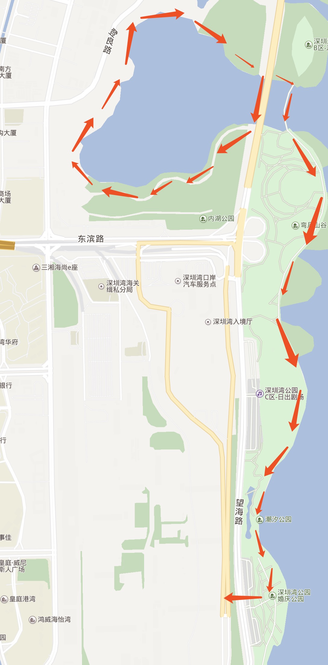 跑步路线:人才公园出发,沿着深圳湾,跑向婚庆公园,到达深圳马拉松百人